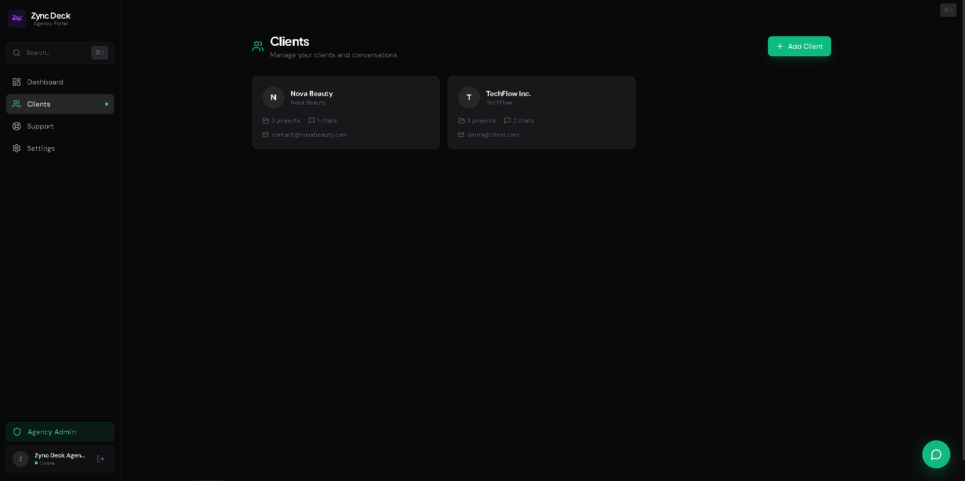 Clients directory with project and chat counts